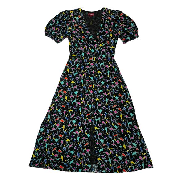 STAUD Milla Puff-Sleeve Midi-Dress - Black Abstract Wave - 4 - Picture 5 of 15